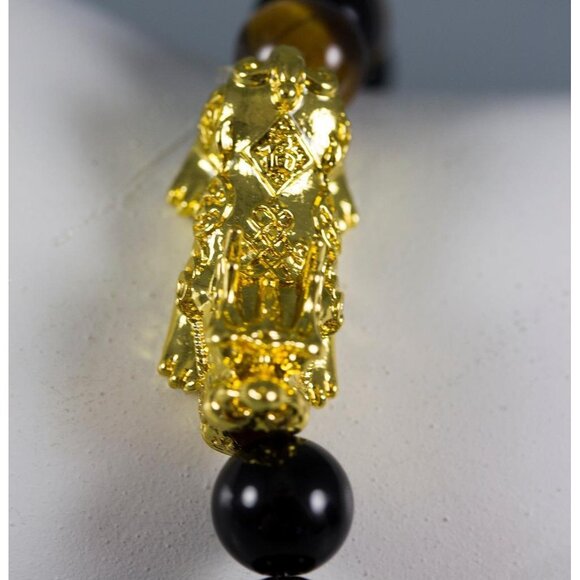 Tiger's Eye Wealth Good Luck Bracelet 8mm Round Beads Stretch Gold-Tone Dragon - Picture 5 of 6